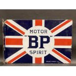 A BP Motor Spirit union jack double sided enamel sign with hanging flange by Franco Signs, in
