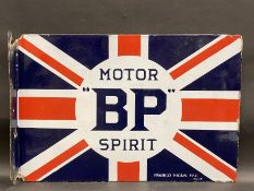 A BP Motor Spirit union jack double sided enamel sign with hanging flange by Franco Signs, in