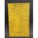 A Ruberoid Products Price List 1939 hanging showcard, 10 x 16".