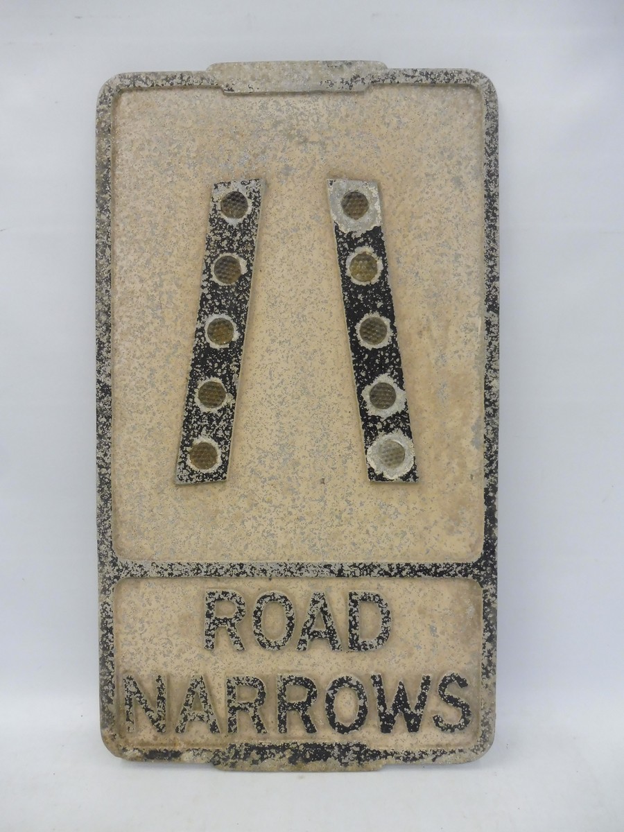 A Road Narrows cast aluminium road sign with integral reflectors, 12 x 21 1/4".