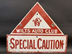 A rare Wilts Auto Club 'Special Caution' enamel sign, mounted on the original iron bracket, some