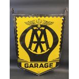 A pair of AA Garage enamel signs by Franco mounted back to back in a hanging frame, 22 1/2 x 32".