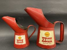 A Shell X-100 Motor Oil pint measure and matching half pint measure, both in very good condition and