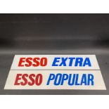 Two plastic petrol pump brand inserts for Esso Extra and Esso Popular, each 25 x 5".