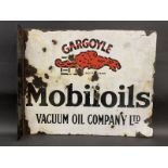 A Mobiloils Gargoyle double sided enamel sign with a replacement hanging flange, 20 x 16".