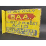An early double sided enamel sign advertising 'BAA - The Best & Purest Acid Accumulators..', lacking