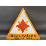 A Speedolene Motor Oils triangular enamel sign by Franco, with some high quality professional