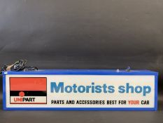 A Unipart Motorists Shop rectangular double sided lightbox, 36 1/4" w x 9" h x 5"d.