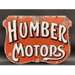 An early Humber Motors shaped single sided enamel sign by Patent Enamel, 24 x 18".