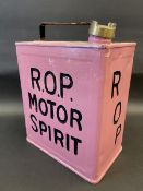 An R.O.P. Motor Spirit two gallon petrol can in straight condition, with a brass AAOC cap.