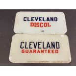 Two Cleveland glass petrol pump brand inserts, both approx. 12 1/4 x 6 1/4".