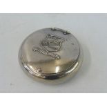 A Mex Motor Spirit plated snuff box, 3" diameter.