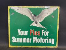 A rectangular double sided tin advertising sign bearing the words 'Your Plus for Summer Motoring',