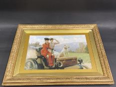 An Edwardian gilt framed and glazed pictorial print depicting two ladies and a dog in a veteran car,