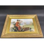 An Edwardian gilt framed and glazed pictorial print depicting two ladies and a dog in a veteran car,