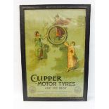 A rare Clipper Motor Tyres pictorial showcard depicting three figures holding a tyre, in original