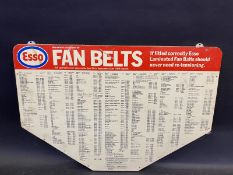 An Esso Fan Belts plastic garage chart sign, mounted on a board for strength, 24 x 16".