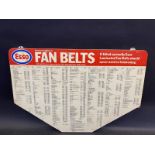 An Esso Fan Belts plastic garage chart sign, mounted on a board for strength, 24 x 16".