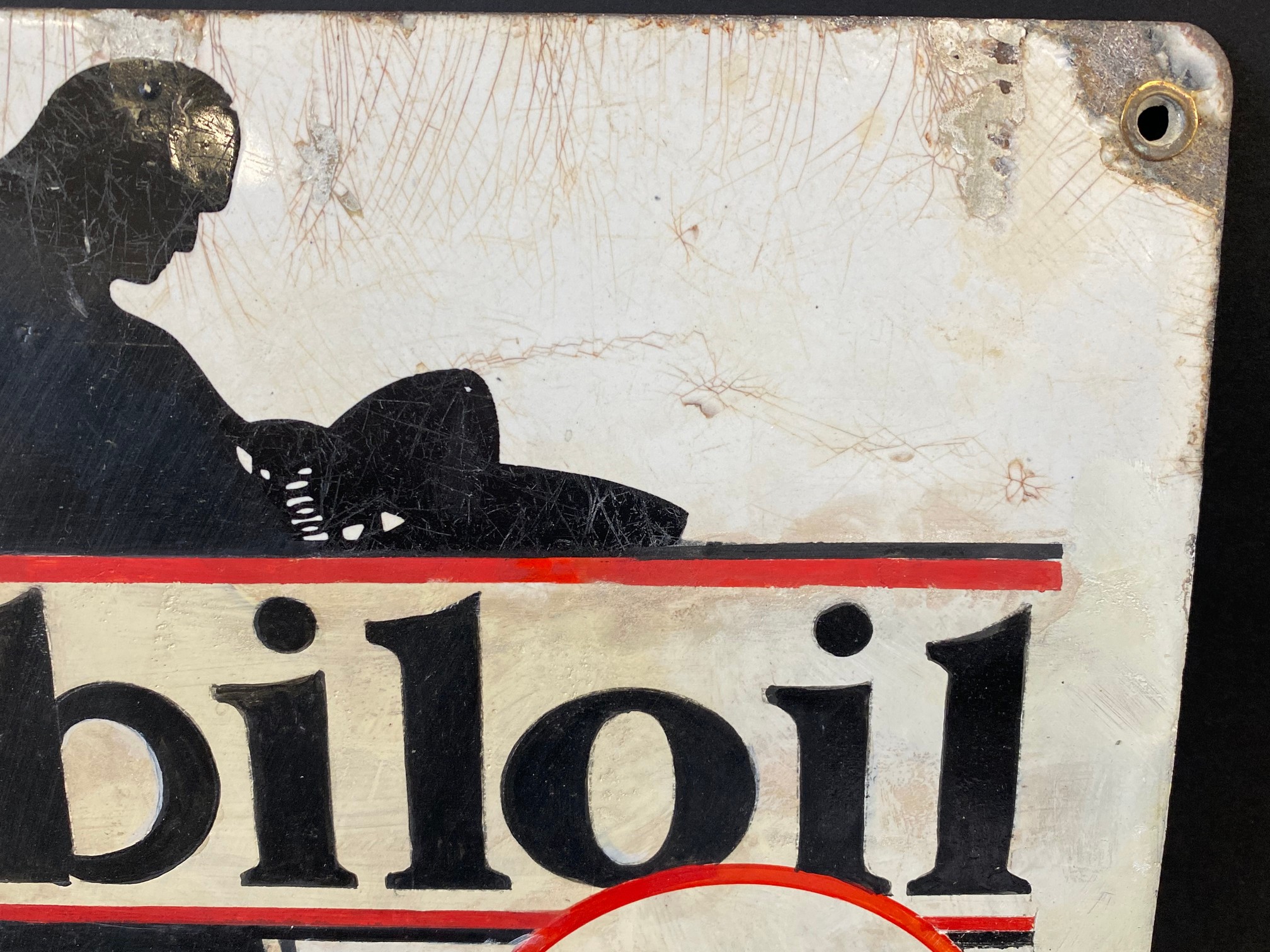 A Mobiloil 'O' grade pictorial enamel sign depicting the motorcyclist at speed, older restoration, - Image 2 of 5