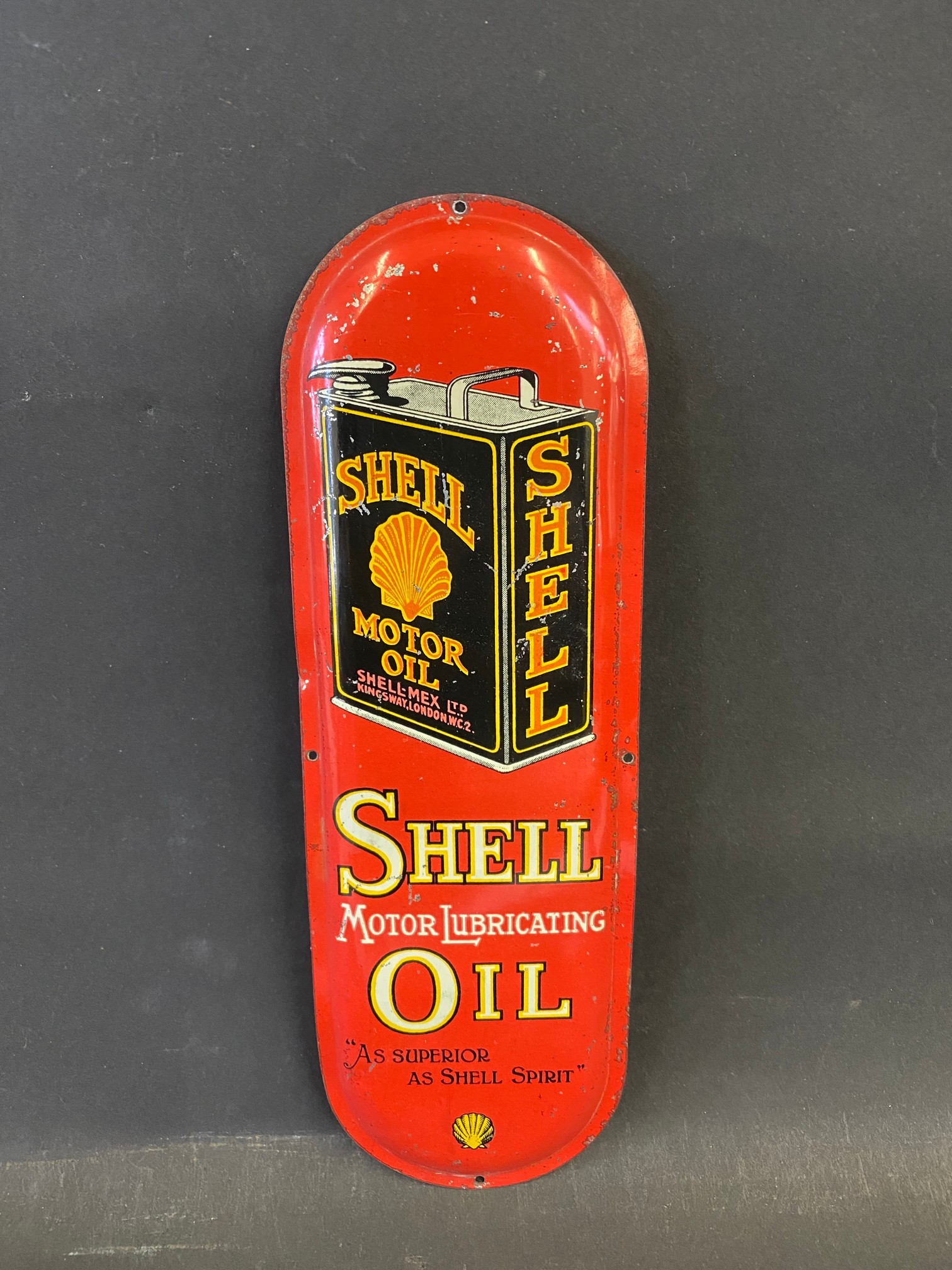 A rare Shell Motor Lubricating Oil pictorial tin finger plate in good condition, 3 x 9".
