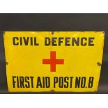 A Civil Defence First Aid Post No. 8 rectangular enamel sign, 36 x 24".