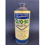 A Duckham's Q20-50 Multigrade Engine Oil cylindrical quart can.