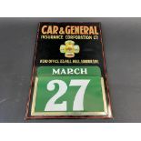 A Car & General Insurance Corporation Ltd tin fronted calendar with a cartouche image of