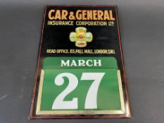 A Car & General Insurance Corporation Ltd tin fronted calendar with a cartouche image of