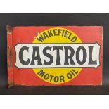 A Wakefield Castrol Motor Oil double sided enamel sign with hanging flange, 20 x 13".