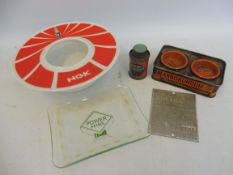 An NGK spark plugs advertising dish, a Power petrol glass pin dish, a small John Bull French Chalk