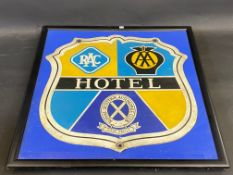 A rare Royal Scottish Automobile Club shield-shaped brightly coloured showcard, RAC and AA Hotel, 21