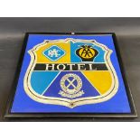 A rare Royal Scottish Automobile Club shield-shaped brightly coloured showcard, RAC and AA Hotel, 21