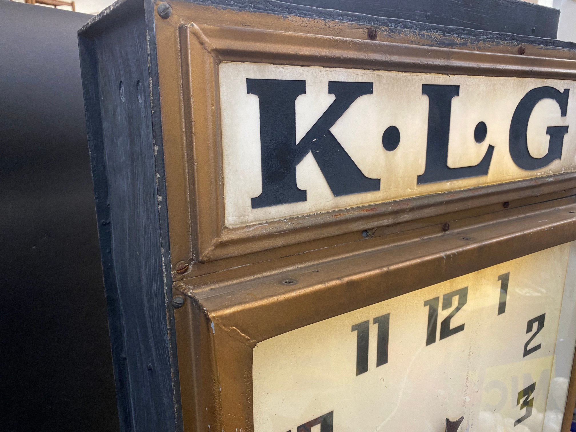 A rare and highly original K.L.G. garage advertising double sided clock with original dials and milk - Image 9 of 10