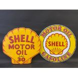 A contemporary Shell Motor Oil clam shaped tin advertising sign, 23 x 22" plus another measuring