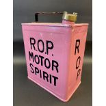 An R.O.P. Motor Spirit two gallon petrol can in straight condition, with a brass AAOC cap.
