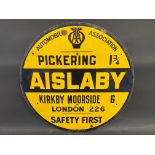 An AA circular road/village sign for Aislaby, Pickering 1 3/4 miles, by Franco, 30" diameter.