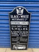 A Black and White Motorways Ltd Booking Office part pictorial enamel sign, heavily restored.