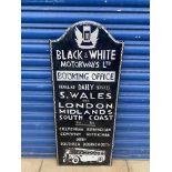 A Black and White Motorways Ltd Booking Office part pictorial enamel sign, heavily restored.