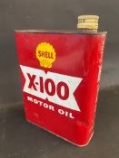 A Shell X-100 Motor Oil rectangular can with original cap.