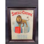 A very rare Shell and Crown Motor Spirit pictorial showcard depicting a lion stood astride a pair of