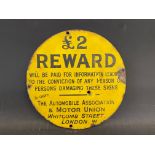 An early AA and Motor Union £2 Reward circular enamel sign, 8" diameter.