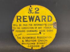 An early AA and Motor Union £2 Reward circular enamel sign, 8" diameter.