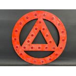 A cast aluminium circular road sign 'beware triangle' with 29 reflective discs, 24" diameter.