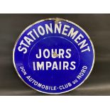 A French blue and white circular enamel parking sign, 28" diameter.
