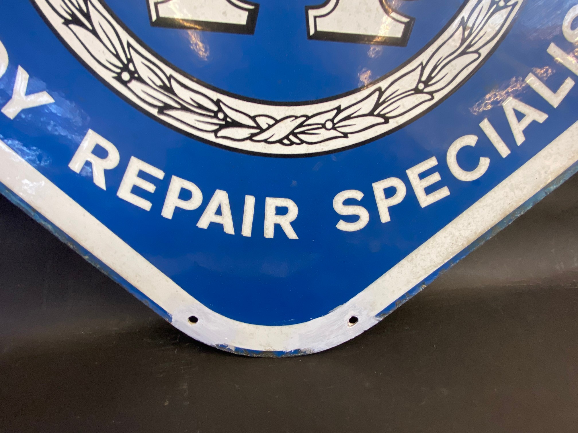 An RAC 'Body Repair Specialist' lozenge shaped double sided enamel sign, with small repairs to one - Image 4 of 5