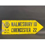 An AA & Motor Union double sided directional enamel sign by Franco, pointing to Malmesbury and