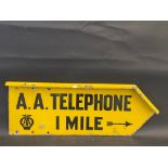 An AA Telephone 1 mile directional arrow double sided enamel sign by Franco, 28 x 10 1/2".