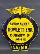 An early AA and Motor Union enamel location sign for Howlett End, Saffron Waldon 3 3/4 miles, the