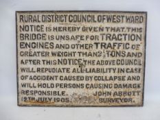 An early 20th Century cast iron road notice sign - Rural District Council of Westward... unsafe