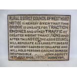 An early 20th Century cast iron road notice sign - Rural District Council of Westward... unsafe